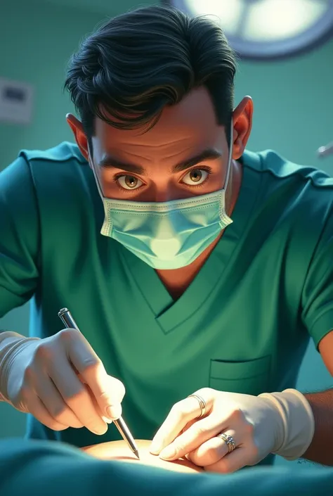 pixar disney drawing of a doctor man,  high, beautiful, with ring, protective mask on the mouth, and green uniform in a hospital, in the middle of surgery. You can only see his serene eyes