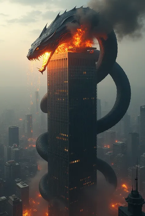 A giant black snake spews fire from its mouth as it coils around a skyscraper in the middle of the city. , realistic image, detailed