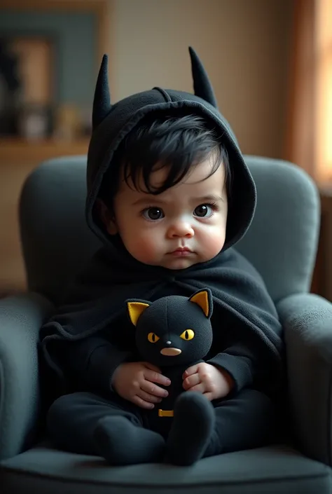 A serious-looking baby boy resembling Batman, with dark tousled hair and intense, focused eyes. He’s wrapped in a soft black blanket that mimics a cape, with tiny bat ears on his baby bonnet. He’s sitting in a plush chair, clutching a stuffed bat toy close...