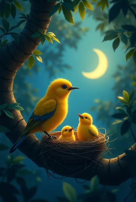 Mother bird is on the branch of a tree there is a nest on that tree under it   she is not sleeping she is looking out side of a forest two little birds are in the nest  one is crying loudly with tears its look like a night moon in the sky all the birds are...