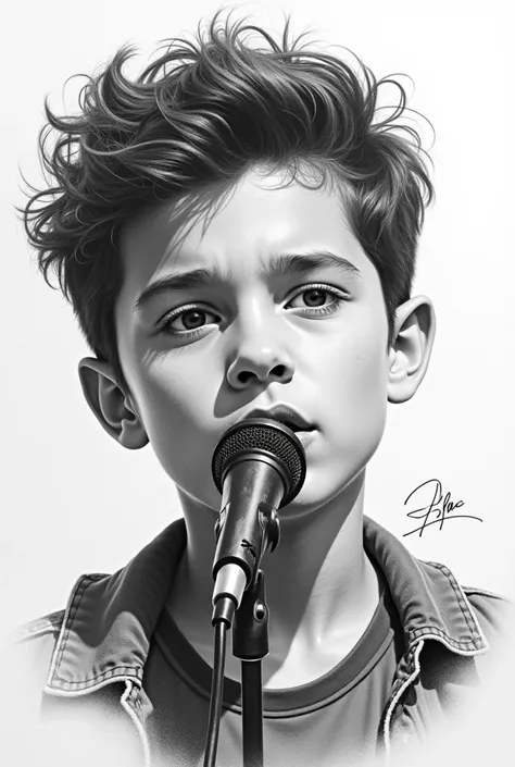 Help me create a painting of a boy singing with Dylan O&#39;Brien&#39;s face in black and white pencil with a signature of the name Blue, that the boy looks bigger, more like Dylan and singing like in a concert, with a microphone, try not to highlight the ...