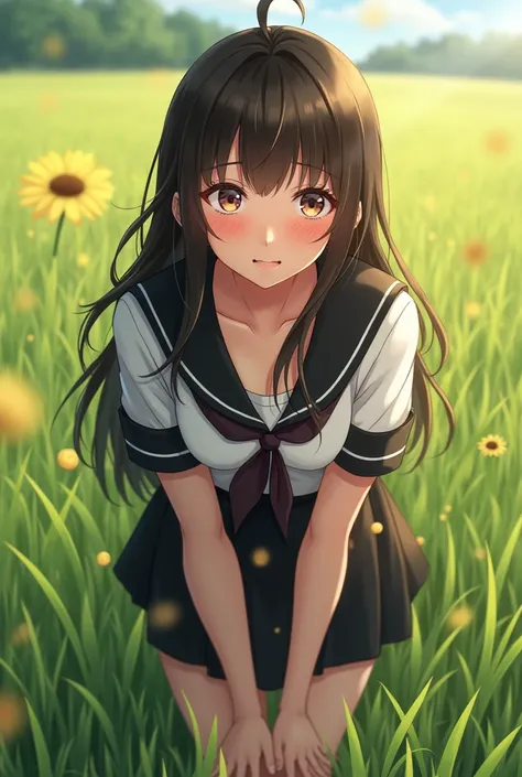 beautiful detailed eyes,(detailed grassfield in background),on grass,(((masterpiece))),(((best quality)))standing,looking back,embarrassed,seductive smile,blush,half closed eyes,blush,(yellow gas),(1 girl),girl,yellow gas,farting,(fart),(a girl kneeling fa...