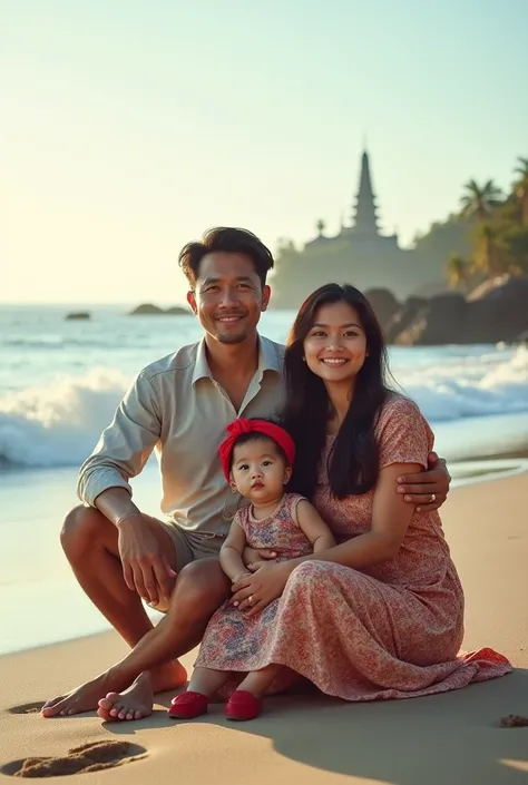 Professional family photography featuring a handsome Indonesian father who is 2 Gemoy Indonesia, a beautiful 20 year old Indonesian mother, a beautiful  Indonesian 2 girl, and an adorable  baby wearing a beautiful  red headband and wearing Indonesian red b...