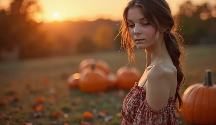 vintage style antique Minolta ( M35) camera with 50 mm lens being a beautiful girl, full body shot, in the background, view from an angle, sees a vintage style autumn sunset in lens. pumpkins and leaves./ Kuno.