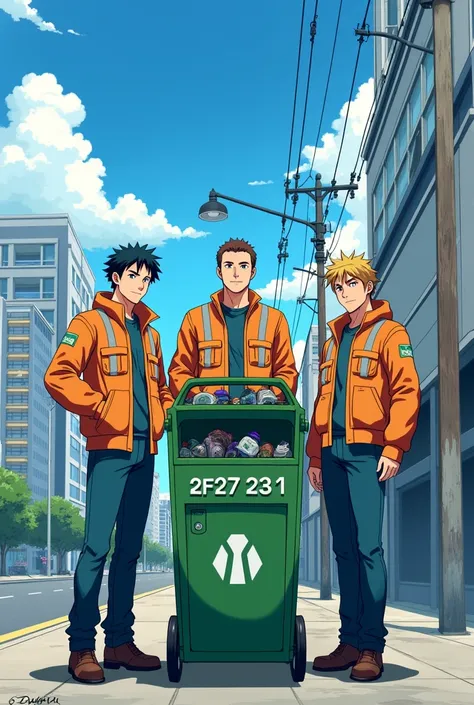 Create a image of our team naamed Crash the Trash of 3 members all men with a smart dustbin which could segregate waste on its own in anime mention our team no 2F27231
