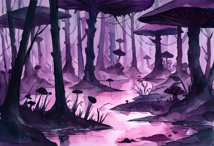 Poisonous mushrooms ,Poison Swamp, purple water, anime, watercolor