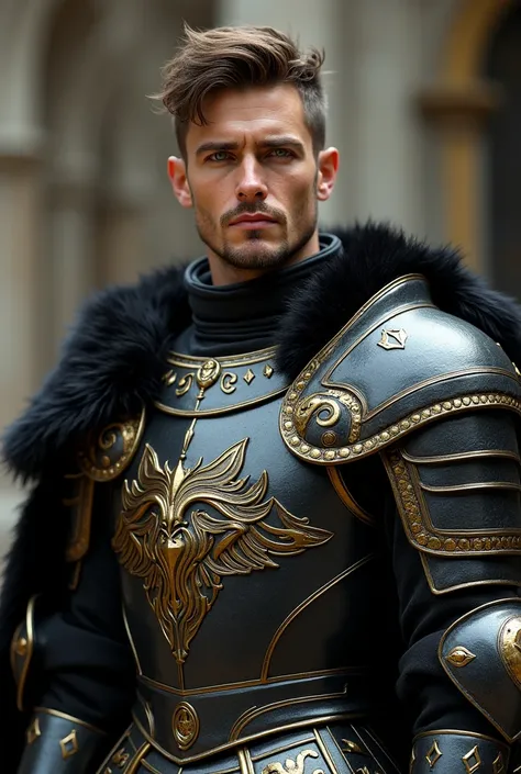 Male human knight, age 30, highly detailed black  plated armor, armor has exquisite gold details and embellishments, armor is molded to muscular physique, fur cloak, short light brown Hair elegantly styled, trimmed half-beard, green eyes, visible face, han...