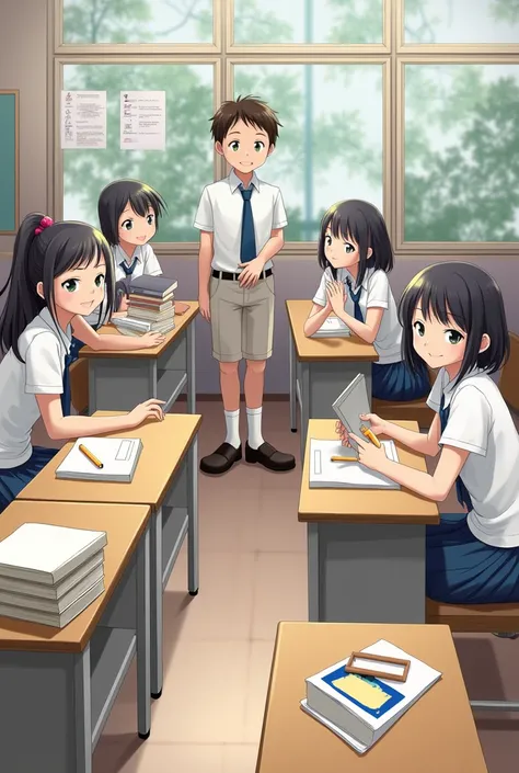 1 boy and 4 girls  in class room 