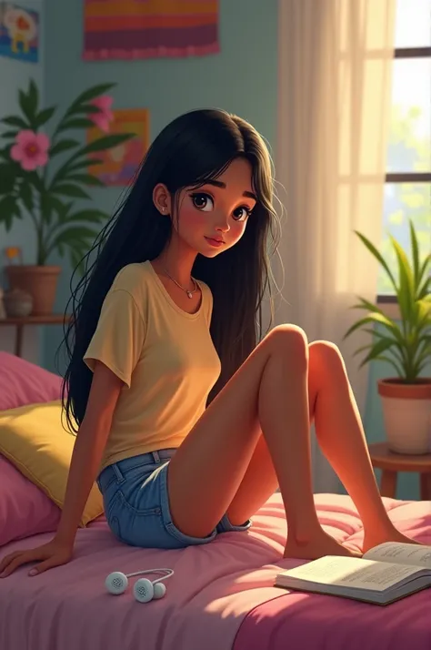 Indian girl in shorts sitting in bedroom