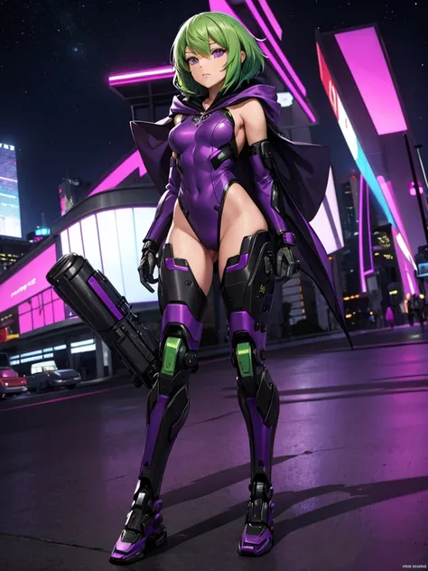 Women, robotic legs, purple hooded cape, short green hair, purple leotard, night city background, full view 