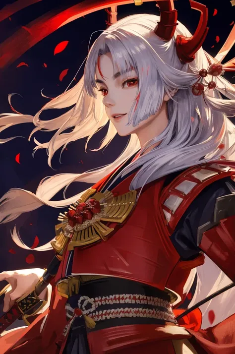 Official art, masterpiece, Sharp Focus, (Beautiful gorgeous Japan woman:1.3), Delicate Beautiful Hair and Eyes and Face, Realistic, Ultra-detailed, From below, Dramatic Lighting, Night, An ancient Japan town, bonfire, Red petals, Nice big hips, Smile with ...