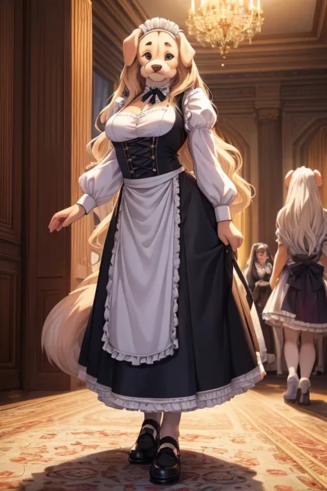 ((furry))、[[woman]]、Mature woman、dog、Droopy dog ears、Wavy semi-long hair、Maid、Long skirt、eight-headed body、seiza、whole body、European aristocratic mansions、((Best Quality))、((Ultra HD))