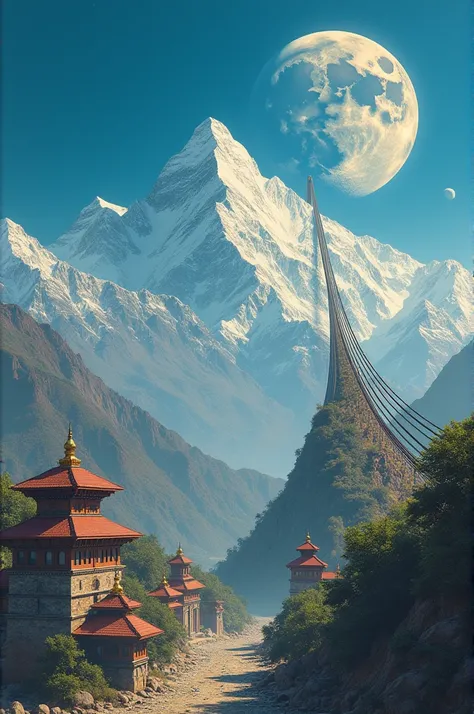 Make a dream scape painting on topic of nepals imagination on development upto moon!
As my idea;
There is a mount everest and around of mount everest there are nepali 2/3 architect temples and stupas which are flying like rocket and rail of nepal is flying...