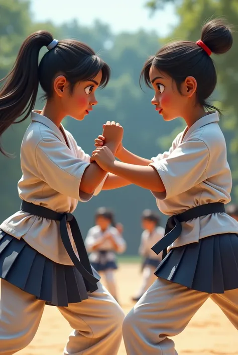 2 teenage indian girls karate fighting at school in their school uniforms