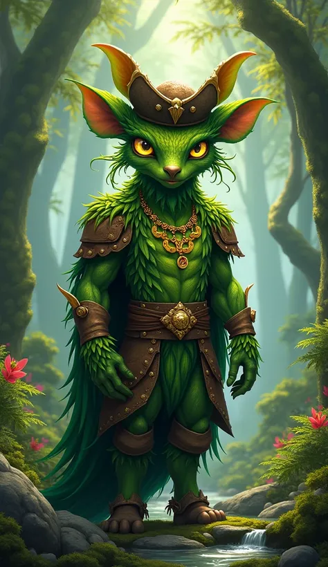 Majestic nonbinary leshy, intricately woven body of vibrant green vines, glowing yellow eyes sparkling with wisdom, delicate leaf ears peeking from under a dashing pirate hat, adorned with ornate leather armor that expertly balances ruggedness and elegance...