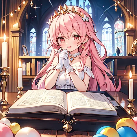 (Fantasy World Room), (A fairy princess is reading a book at a desk by candlelight.,All except the fairies are huge,Super huge book:1.2),(Has fairy wings like a butterfly.), (Candlelight),((Super Wide Shot, Ultra-wide field of view, whole body)), ((looks h...