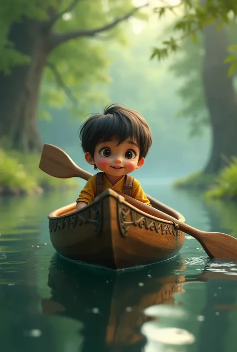 there is a child in a wooden canoe