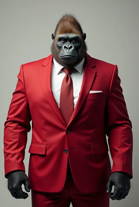 A GORILLA IN A TIE AND RED SUIT