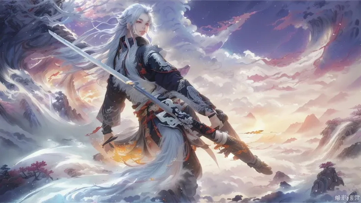 anime girl with white hair and sword in a fantasy landscape, by Yang J, g liulian art style, heise jinyao, 2. 5 d cgi anime fantasy artwork, by Shitao, by Ju Lian, extremely detailed artgerm, anime fantasy artwork, warrior of light, anime fantasy illustrat...