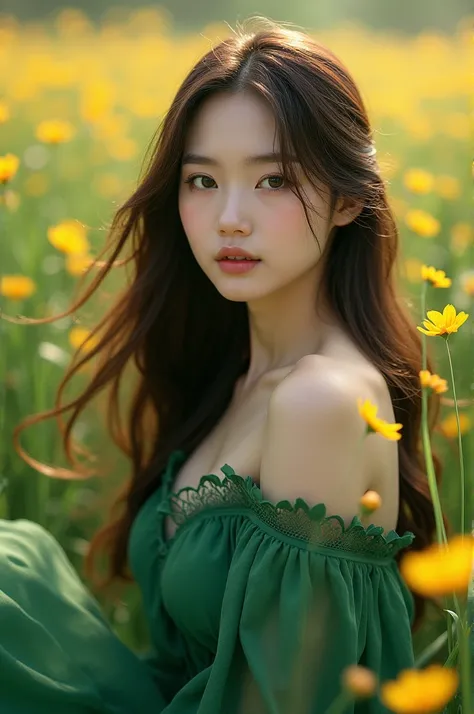 Asian beautiful girl with brown long hair,among yellow flowers,in a green dress