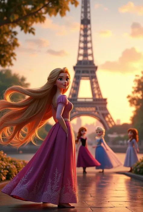 Emily in Paris with the Eiffel Tower and very long hair next to Rapunzel tangled and Rapunzel was next to Frozen Elsa and Anna