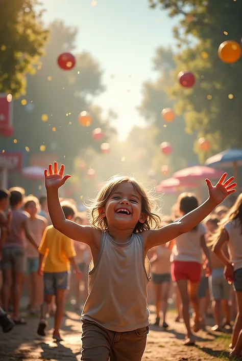 "A bright, joyful child with sparkling eyes, their face lit up by a wide, innocent smile. Their small teeth peeking through as they laugh, surrounded by a playful, carefree atmosphere. The child is outdoors, with soft sunlight filtering through, highlighti...