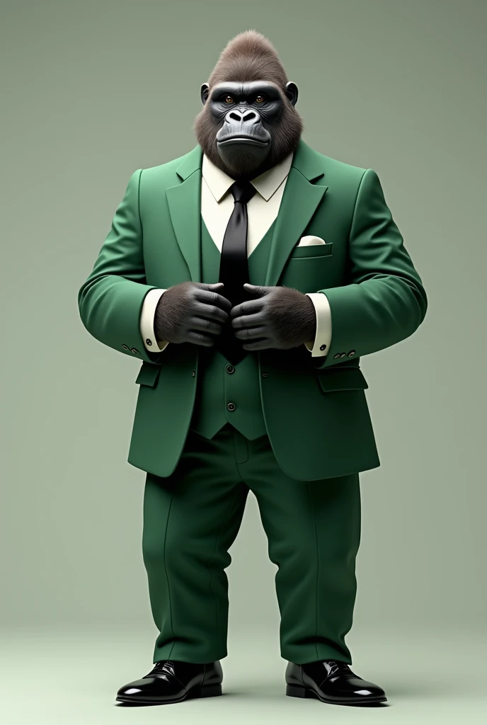 A GORILLA IN A TIE AND GREEN SUIT