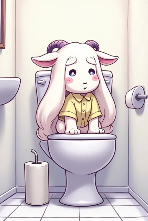 Make cartoon style white toriel with shirt sitting on toilet