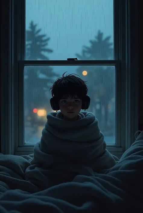 Boy on with a headset and blanket on in the window on a rainy night