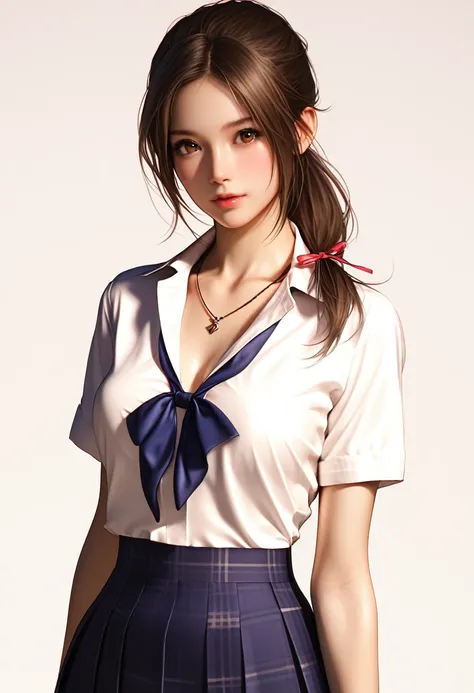 score_9, score_8_up, score_7_up, 1girl,Medium height,Slim body type,Long dark brown hair, tied in a ponytail with a ribbon,Big deep brown eyes,school uniform, hand painted necklace,realistic skin texture,Solid white background, detailed picture,far-off,loo...