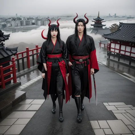 A red demon wearing black kimono, with long horns, large fangs, and a sword on his waist, with a foggy Kyoto cityscape in the background, high resolution, full body, very realistic, cloudy sky, at a medium distance