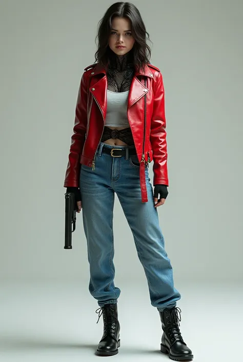 Jeune femme robot à lapparence humaine, elle tient un pistolet à la main, elle porte une veste en cuir rouge un jean bleu et des bottes noir, elle à des blessures sur le visage qui montre la partie cybernétique cachée sous sa peau, style photoréaliste 8K