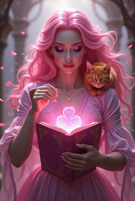 Pink-haired witch who is controlling threads coming out of her fingers with a red cat on her shoulder and has a pink three-leaf book on her side emanating a pink aura and she is controlling destiny with these threads