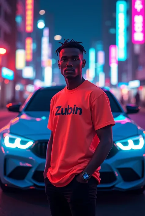 Man facing front  in front of bmw with Zubin name shirt in neon city