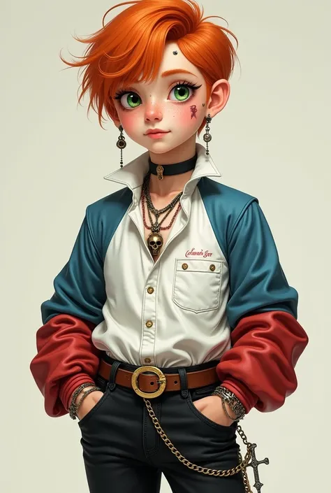 A boy with orange hair, green eyes and freckles on the face, he has a mole at the corner of his mouth and a scar over his eye, the clothes he wears is a white blouse with different colored sleeves, one of the sleeves is blue and the other is red, He has bl...