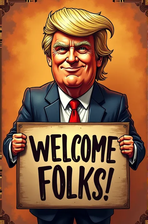 Make a logo for my restraunt named "donald da dhaba" in which donald trump is holding a sign that says "welcome folks" and name of the restaurant should be visible 