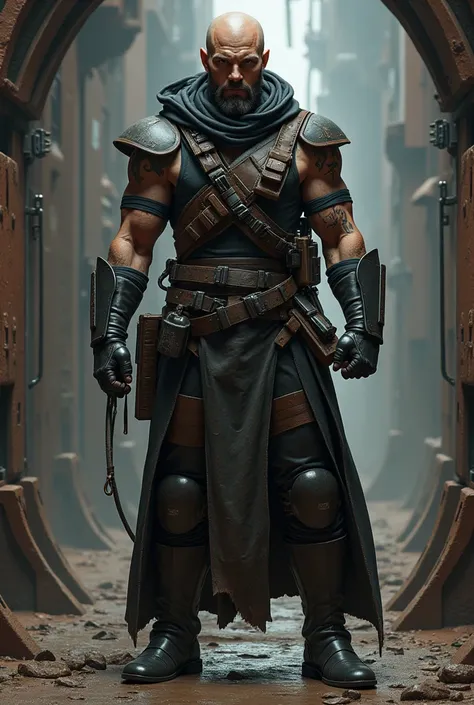 A clone from Star Wars as a muscular bald space pirate