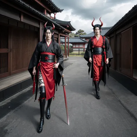 A red demon wearing black kimono, with long horns, large fangs, and a sword on his waist, high resolution, full body, very realistic, cloudy sky, at a medium distance