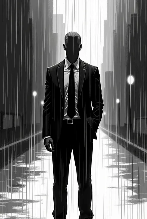 Faceless sad man wearing suit standing in rain comics style black and white