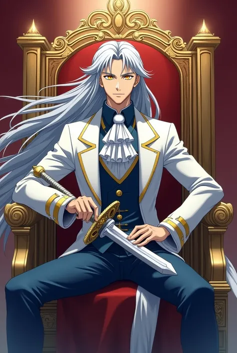 Sesshomatu Taisho a very handsome young king, silver hair, nivea skin, His gaze is golden, He wears a white and blue Victorian-style suit, He sits on his golden throne, and carries a silver sword,  