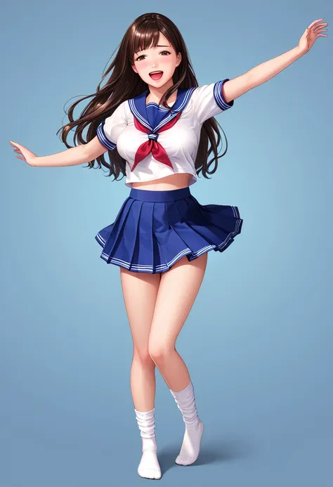 masterpiece, best quality, very aesthetic, intricate details, full body, 1 girl, solo, (realistic clothes:0.1), from front, break, dynamic pose,　 singing:1.4,　 smile:1.4, open mouth, embarrassed:0.4, break, Fair-skinned Short-sleeved summer sailor uniform,...