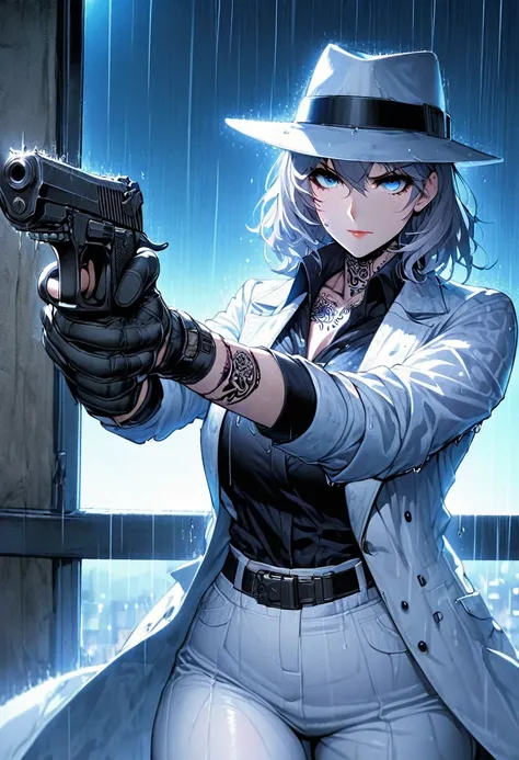 Hands One, Alone, female, mature, mafia, black shirt, White pants, black gloves, white coat, Medium hair, gray hair, bright blue eyes, Huge tattoo on neck, remote area, Pistol, aim a gun, late at night, rain, Wet clothes