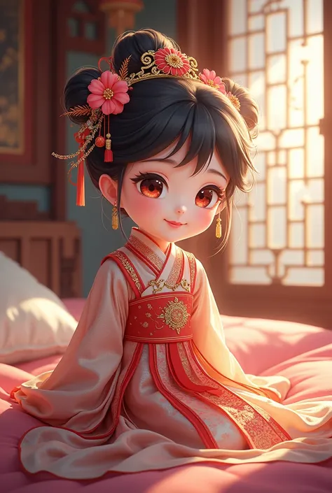 an asian traditional room,There is a cute ancient Chinese girl，She shows off her gorgeous clothes and complicated hair accessories from head to toe。She has big and bright eyes，Sweet smile。Colorful clothing，Lots of details，Contains exquisite embroidery and ...