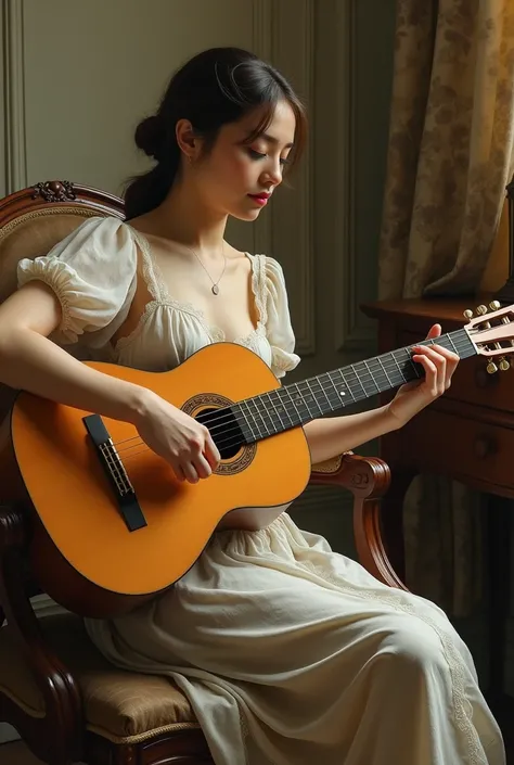 лучшее качество, шедевр, a painting of a woman sitting in a chair playing a guitar, inspired by Edmund Charles Tarbell, the guitar player, by Lilla Cabot Perry, by Theodore Earl Butler, women playing guitar, inspired by Lilla Cabot Perry, inspired by Harri...