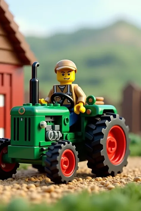  Create me a lego tractor with a person leaning on it 