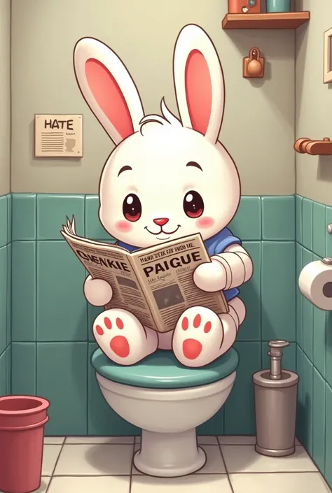 Make cartoon style white bunny with shirt and a arm cast sitting on toilet bathroom reading a newspaper