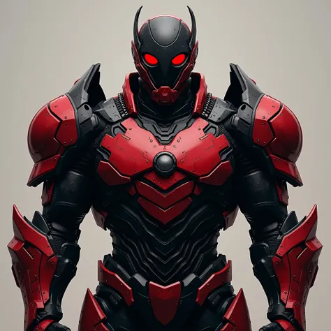 I want a black and red armor with a glossy finish and raised details that emphasize its strength and durability, without a chest emblem. The armor should have reinforced contours, with ridges that highlight the protective areas. However, the mask feels too...