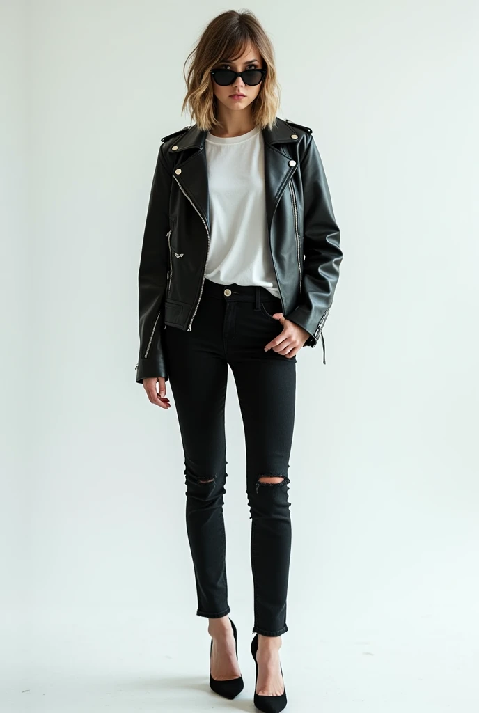 A girl wearing black haft leadejacket 
Inside white t shirt 
Ray been sunglasses 
Black jeans 
Half cut hair ahead of eyes 
And back side full hair 
 And back heels 
Full picture  state 

