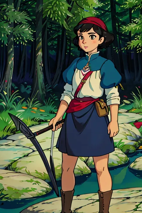 masterpiece, top quality, best quality, A gril,snow white,black hair,short hair,slightly curly hair，fair skin，brown eyes，red headband,Upper body blueSkirt yellow,Archer,medieval style,Shoot the apple,in the forest