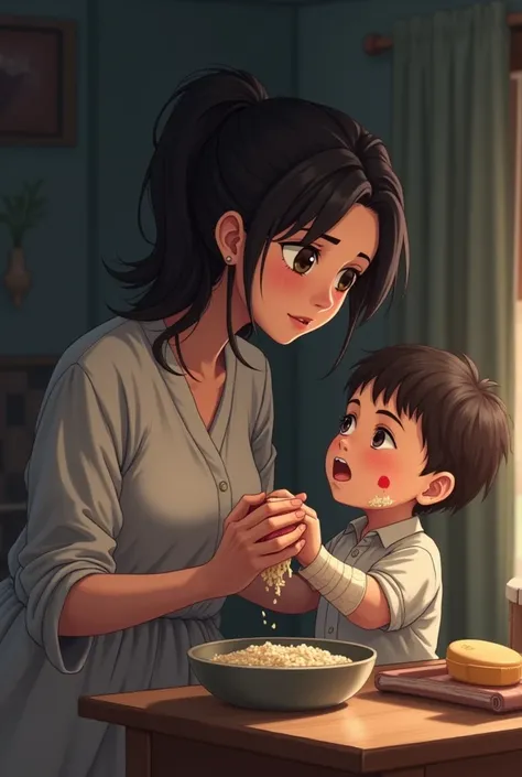 Mom feeding rice to her son with wounds 